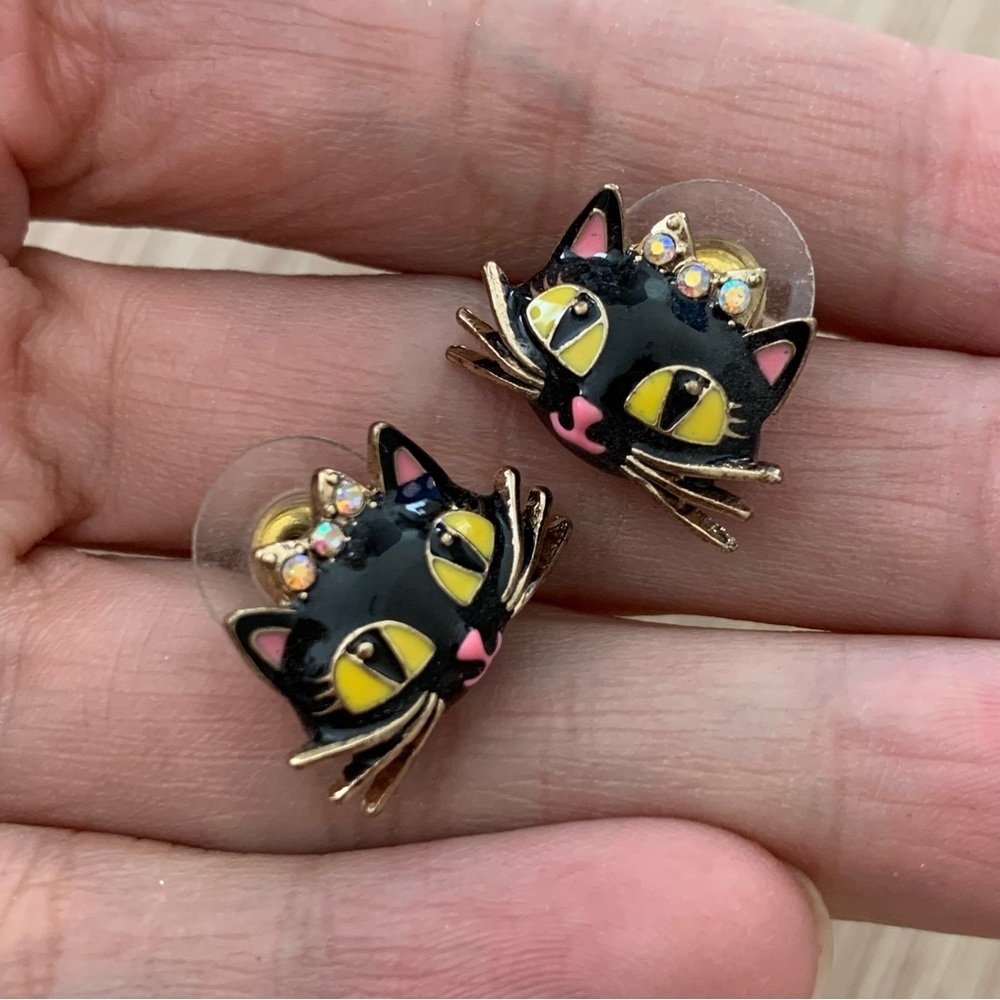 Betsey Johnson black cat rhinestone stud earrings - Picture 3 of 4